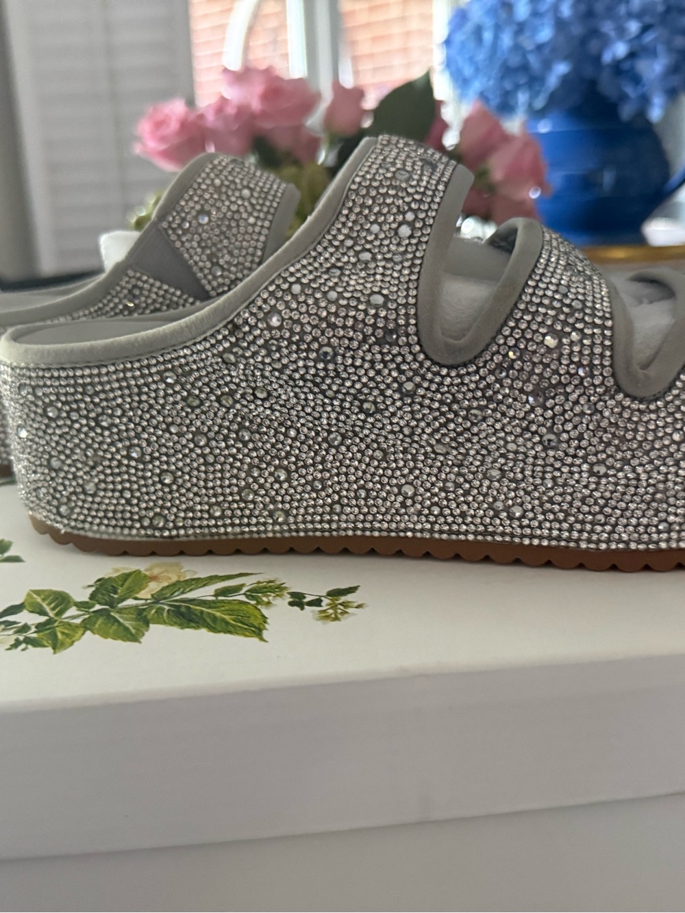 Chelsea & Violet Rhinestone Platform Slides Light Grey - Picture 5 of 8